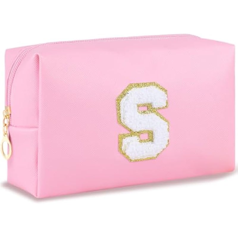 Patch Makeup Bag Travel Small Cosmetic Bag Pink PU Makeup Pouch Zippered Personalized Preppy Initial Skin Care Stuff Bag for Women Birthday Gift Teen Girl Gifts Trendy Stuff(S) - Image 1